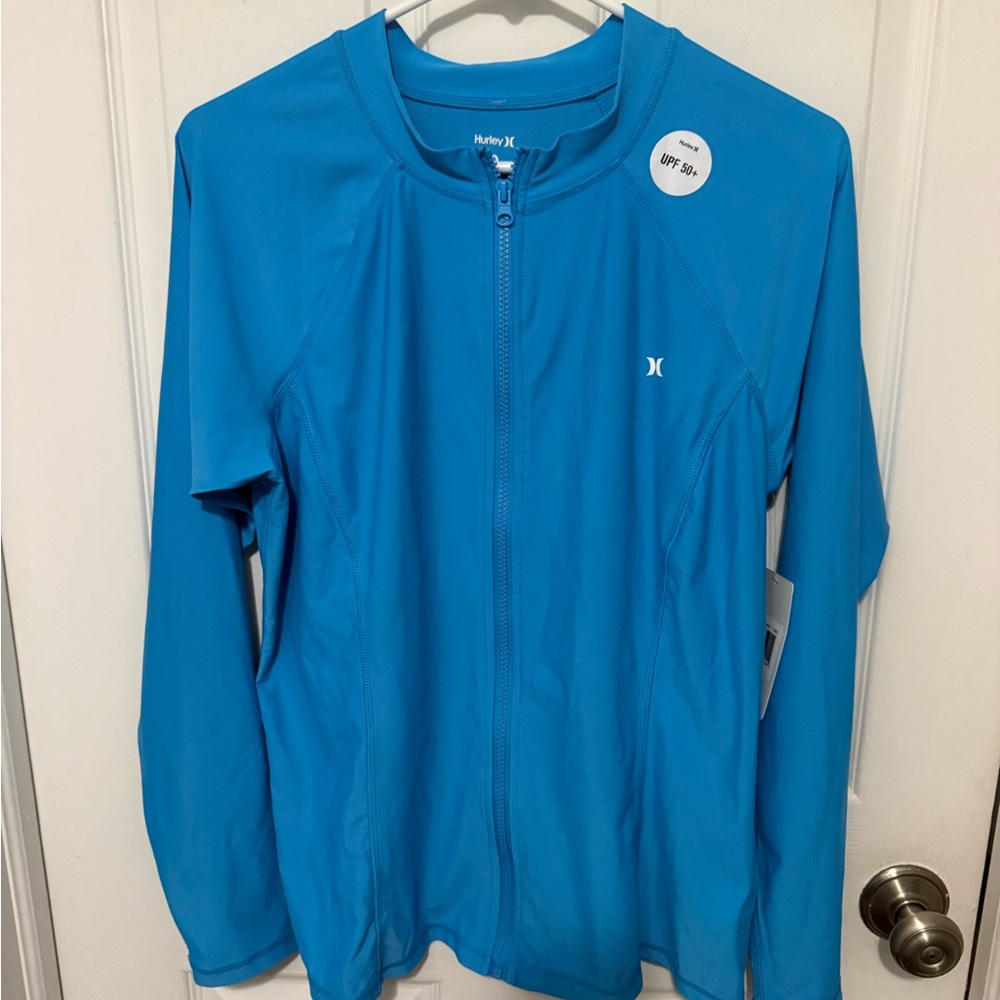 NEW Hurley Long Sleeve Zip Front Rashgaurd Woman Sz XXL UPF 50+ Blue Swim Surf